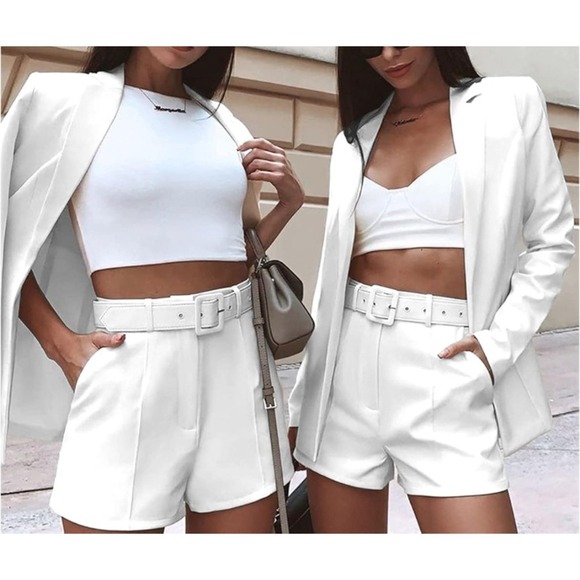 Milk & Honey White Blazer and Shorts Set Chic Belted High Waist Medium‎ NWT - Picture 1 of 12
